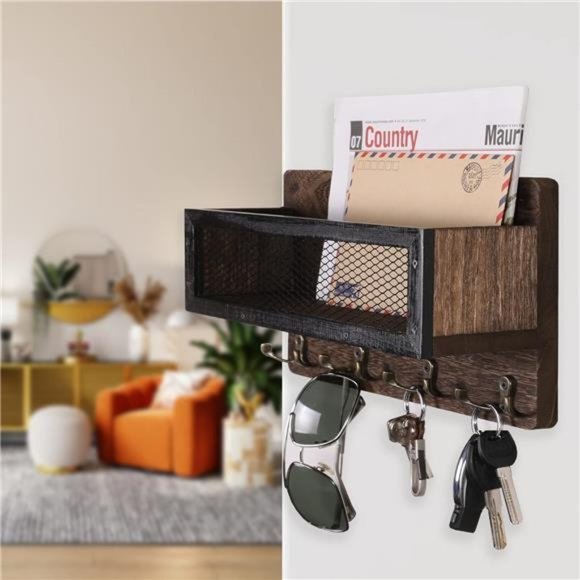 Mail and Key Holder for Wall Decorative, Wooden Wall Key Rack Organizer - Picture 2 of 8